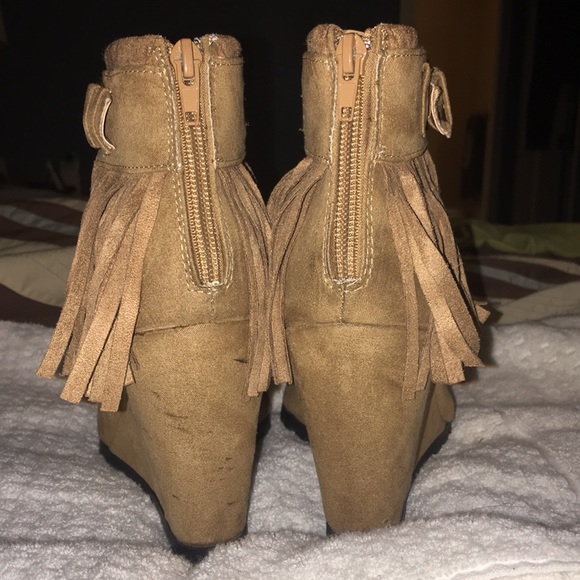 Tan Suede Fringe Wedge Booties - Picture 5 of 8